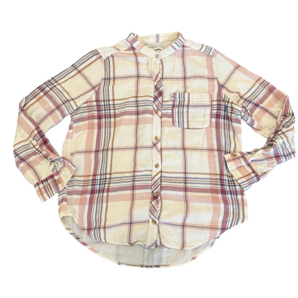 Abercrombie & Fitch Womens‎ Large Pink Cream Plaid Band Collar Roll Tab Shirt L